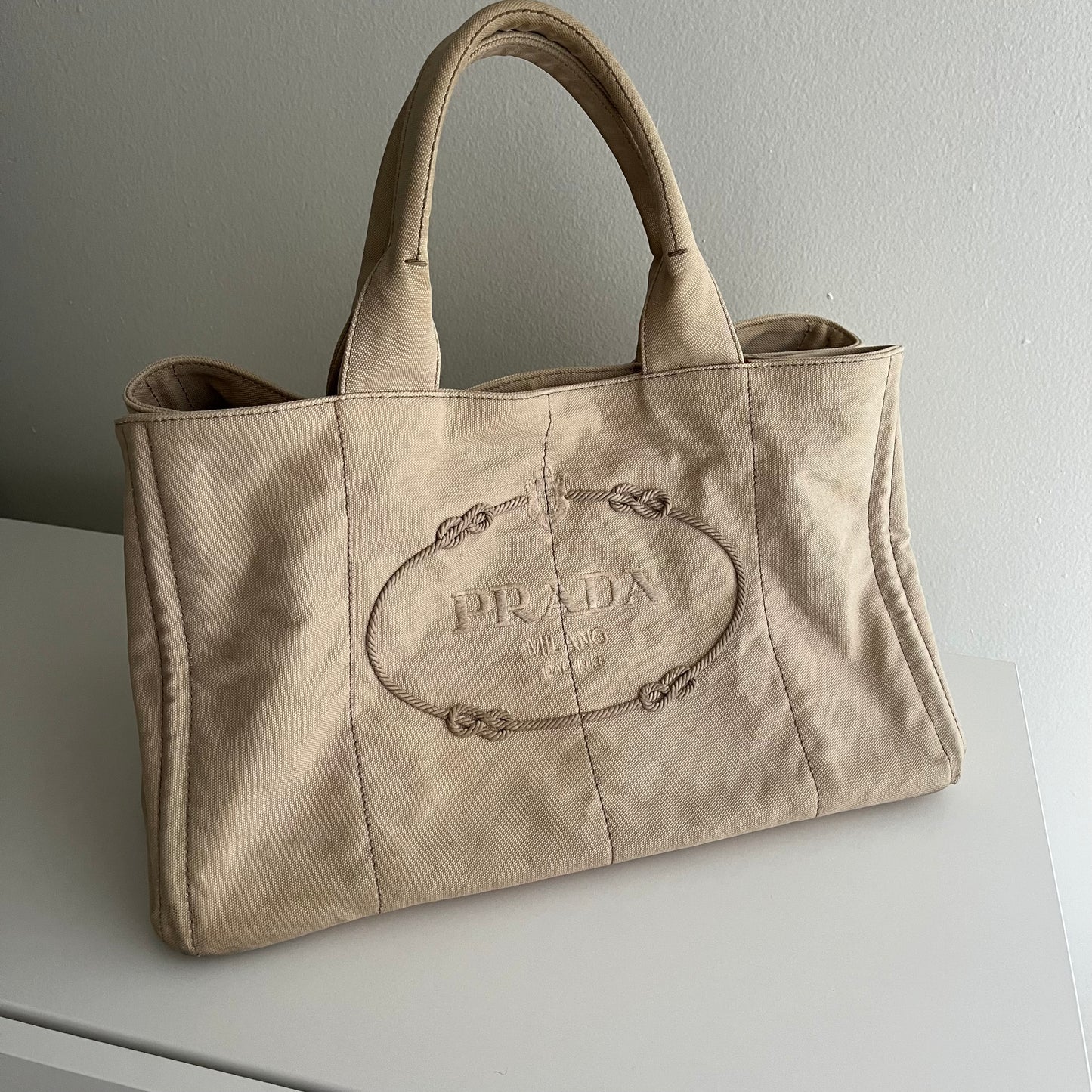 Vintage Prada Canapa Embroidered Logo Canvas Tote