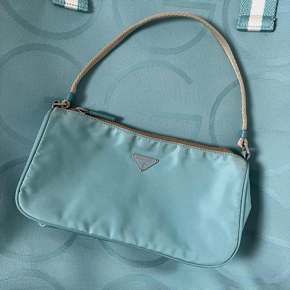 Vintage Prada Nylon Tessuto Nero Light Baby Blue Purse