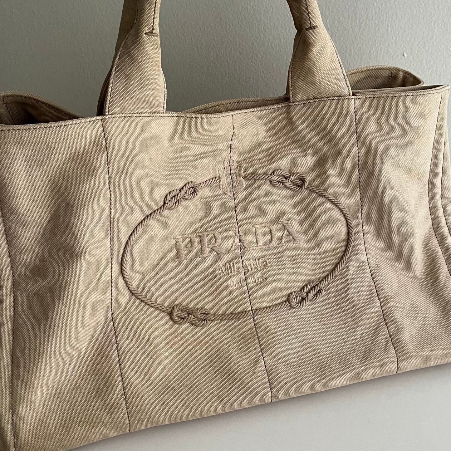 Vintage Prada Canapa Embroidered Logo Canvas Tote